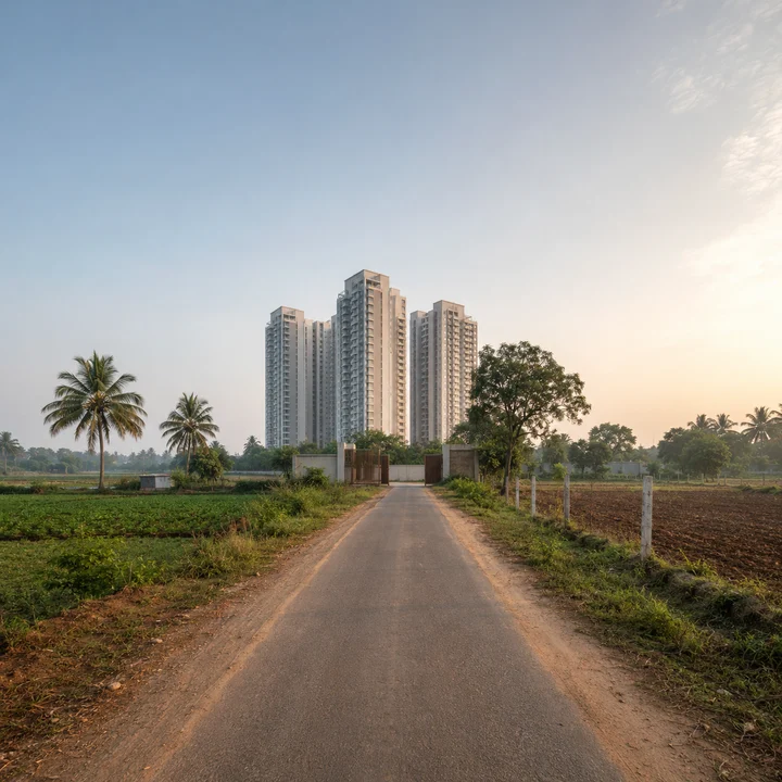 Modern Spaaces Sarjapur Road indicative approach along a village road between fields to the gated compound, the site sitting about a kilometre off the SH-35 alignment Modern Spaaces Sarjapur Road indicative approach along a village road between fields to the gated compound, the site sitting about a kilometre off the SH-35 alignment