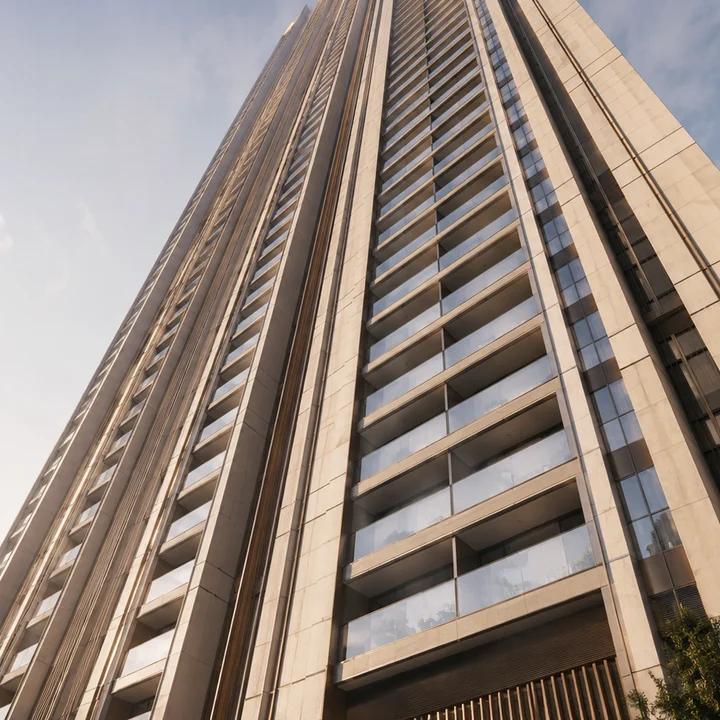 Modern Spaaces Sarjapur Road indicative upward view of a tower corner, reflecting the filed height of two basements plus ground plus 45 upper floors Modern Spaaces Sarjapur Road indicative upward view of a tower corner, reflecting the filed height of two basements plus ground plus 45 upper floors