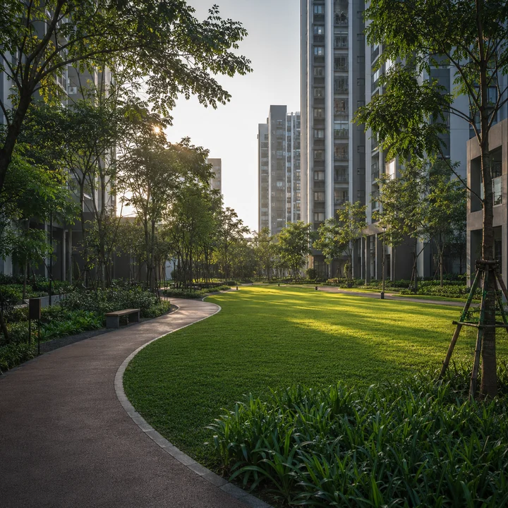 Modern Spaaces Sarjapur Road indicative evening view along a curving footpath beside the central lawn between residential blocks Modern Spaaces Sarjapur Road indicative evening view along a curving footpath beside the central lawn between residential blocks