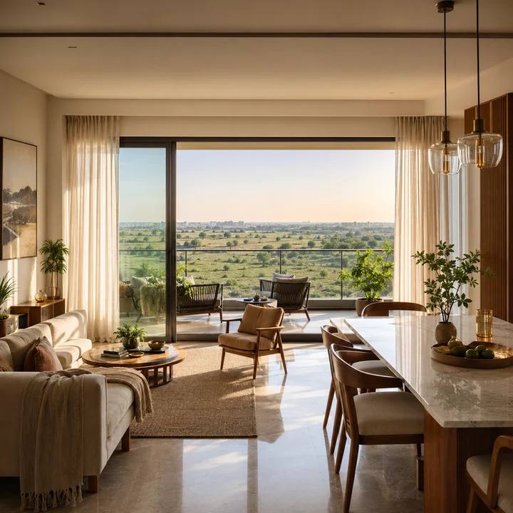 Modern Spaaces Sarjapur Road indicative apartment interior at golden hour with sliding doors onto a balcony Modern Spaaces Sarjapur Road indicative apartment interior at golden hour with sliding doors onto a balcony