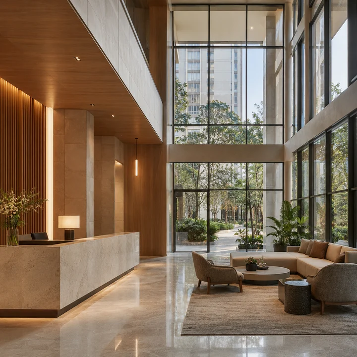 Modern Spaaces Sarjapur Road indicative double-height residential lobby with a stone reception counter and fluted timber wall Modern Spaaces Sarjapur Road indicative double-height residential lobby with a stone reception counter and fluted timber wall