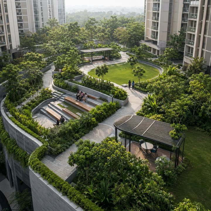 Modern Spaaces Sarjapur Road indicative landscaped podium deck with a circular lawn, stepped timber seating and pergolas Modern Spaaces Sarjapur Road indicative landscaped podium deck with a circular lawn, stepped timber seating and pergolas