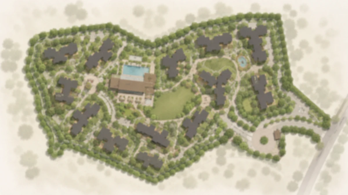 Modern Spaaces Sarjapur Road indicative master plan across the filed 7.60 acres at Sy. Nos. 18 and 19, showing the perimeter tree belt, loop road and central clubhouse Modern Spaaces Sarjapur Road indicative master plan across the filed 7.60 acres at Sy. Nos. 18 and 19, showing the perimeter tree belt, loop road and central clubhouse